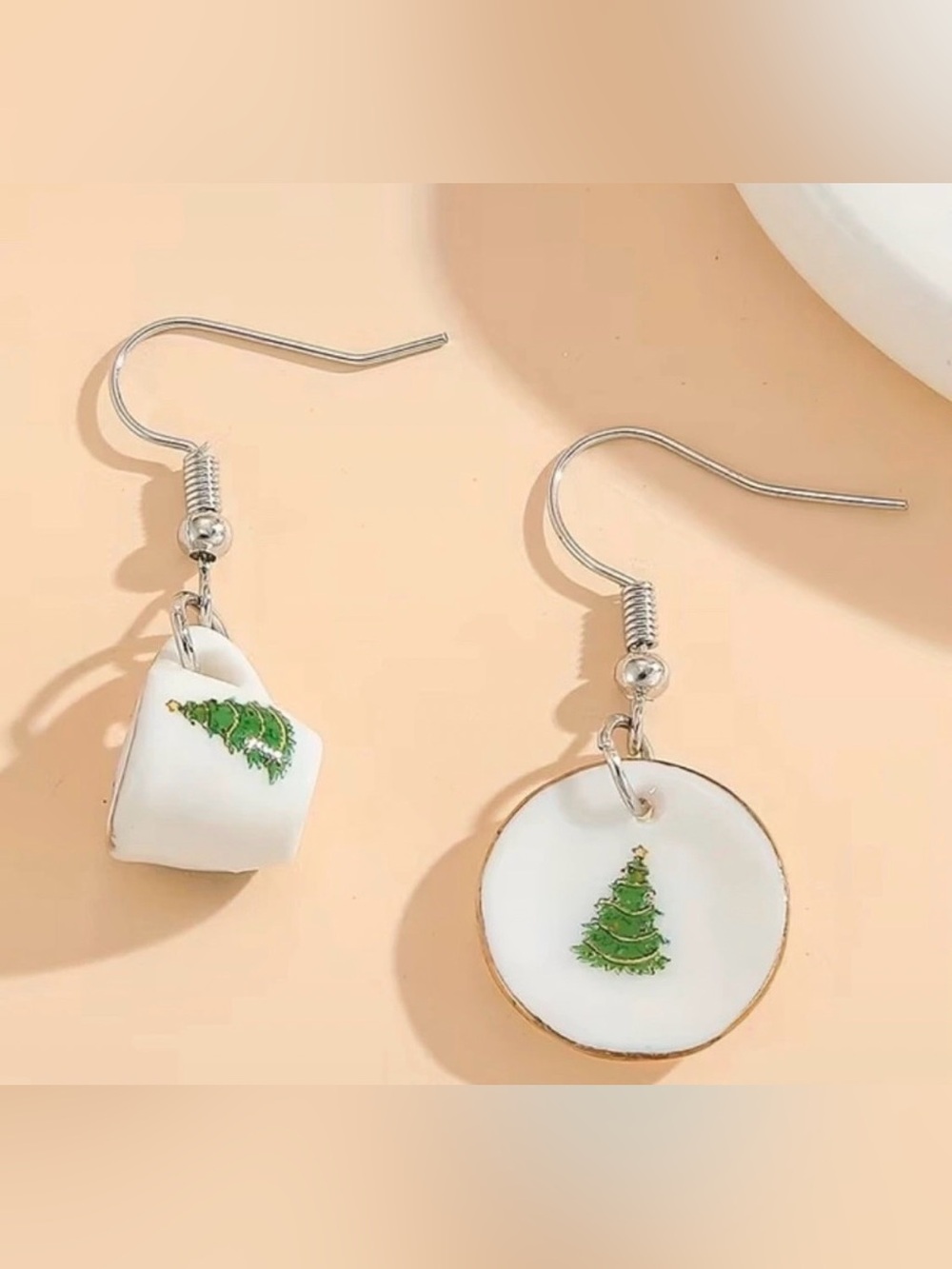 Holiday cup & Saucer Green Christmas Tree Drop Earrings